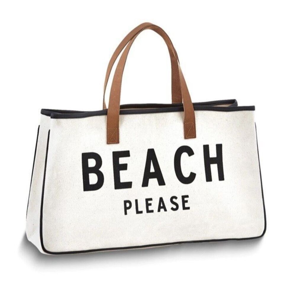 BEACH PLEASE Santa Barbara Design Studio Cotton Canvas Tote Leather Handles NWT